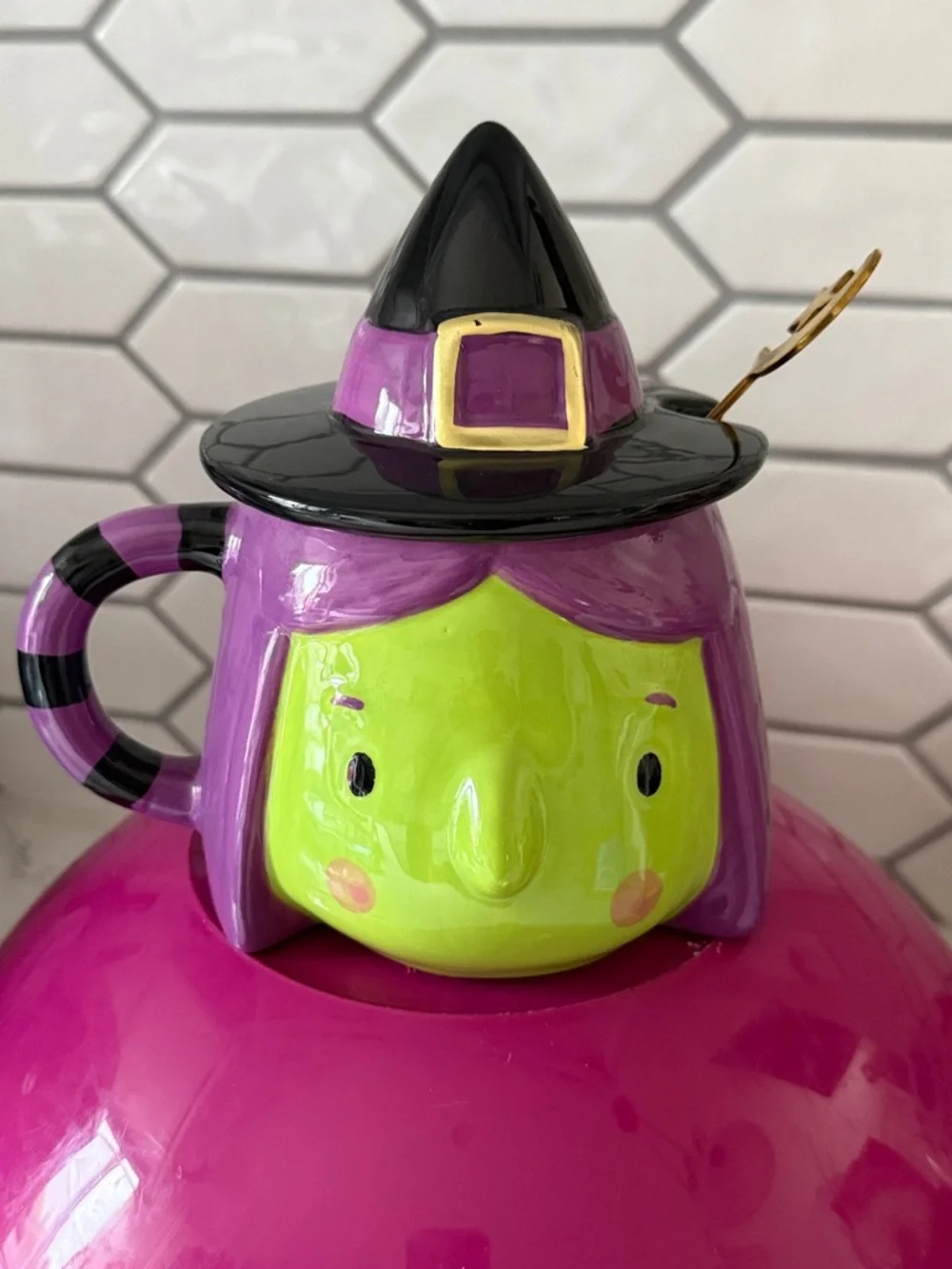Paper Source Witch Face Ceramic Mug in Green, Purple, Black